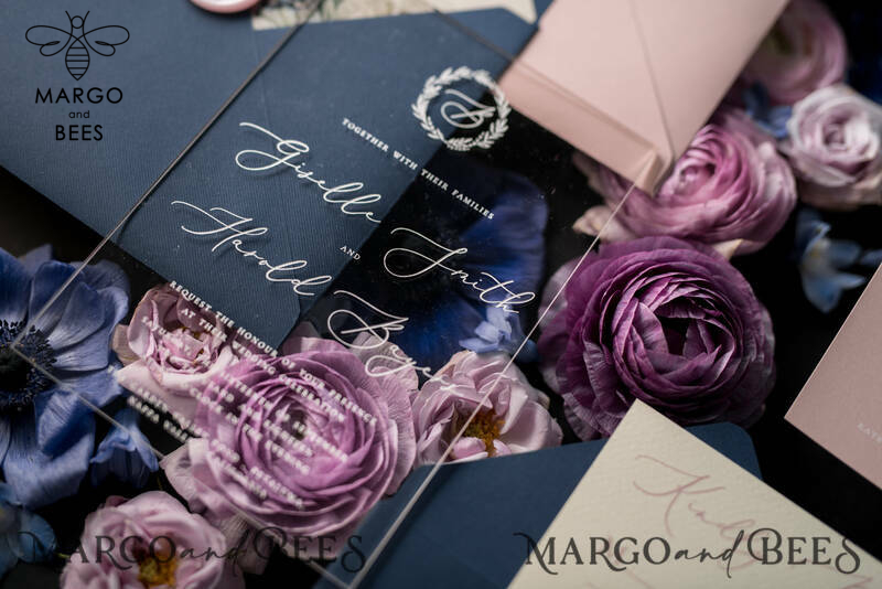 Luxury Acrylic Plexi Wedding Invitations, Romantic Blush Pink Wedding Invites With Vellum Cover, Elegant Royal Navy Wedding Cards, Bespoke Floral Wedding Invitation Suite-18