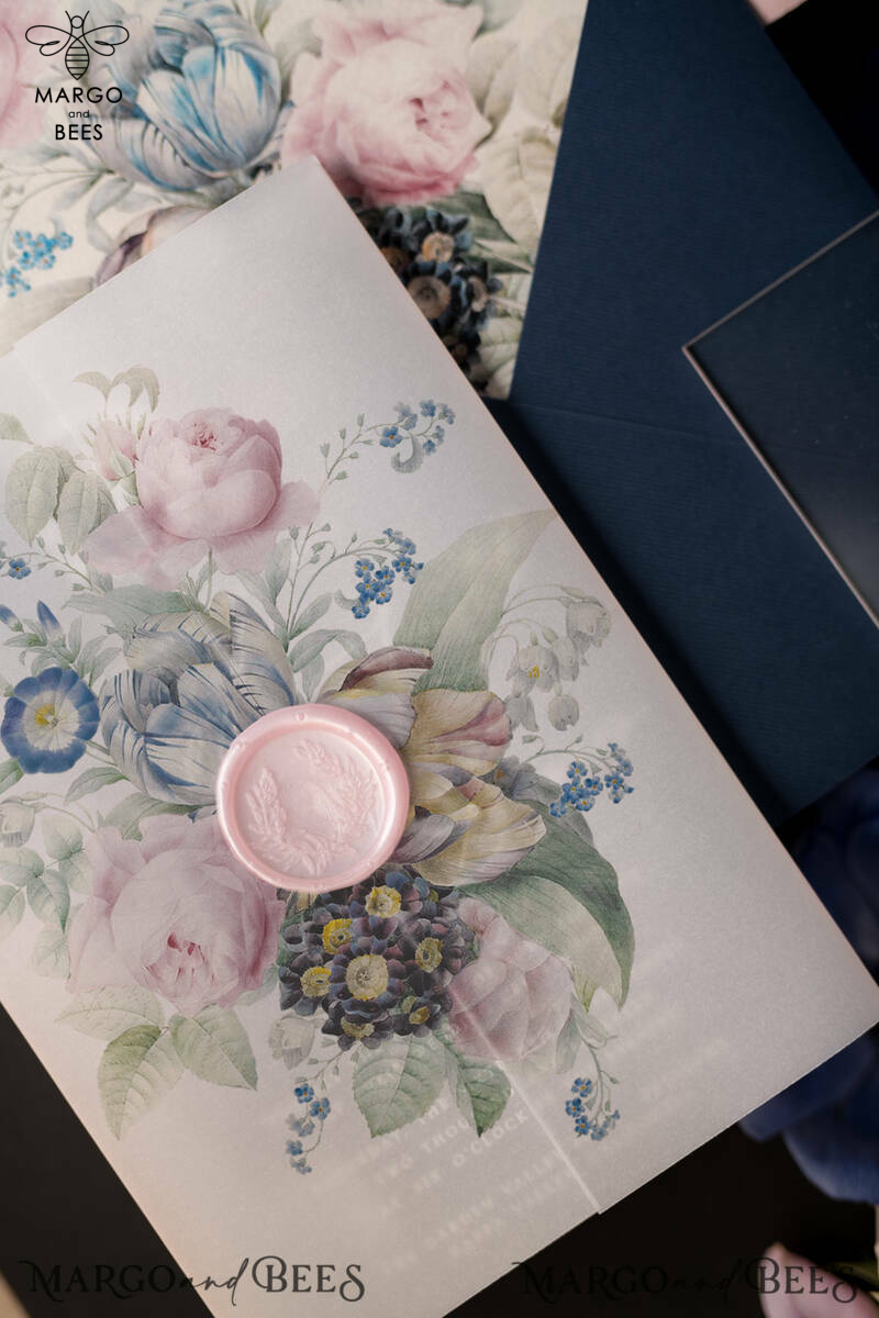 Luxury Acrylic Plexi Wedding Invitations, Romantic Blush Pink Wedding Invites With Vellum Cover, Elegant Royal Navy Wedding Cards, Bespoke Floral Wedding Invitation Suite-19
