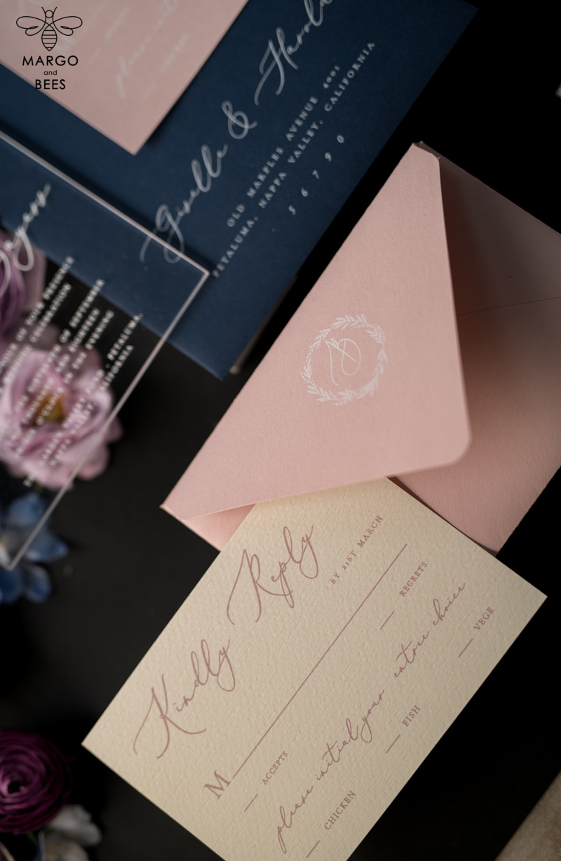 Vintage Wedding Invitations Transparent Stationery with Vellum and Wax Seal Blush Pink or Navy Blue Envelope-16