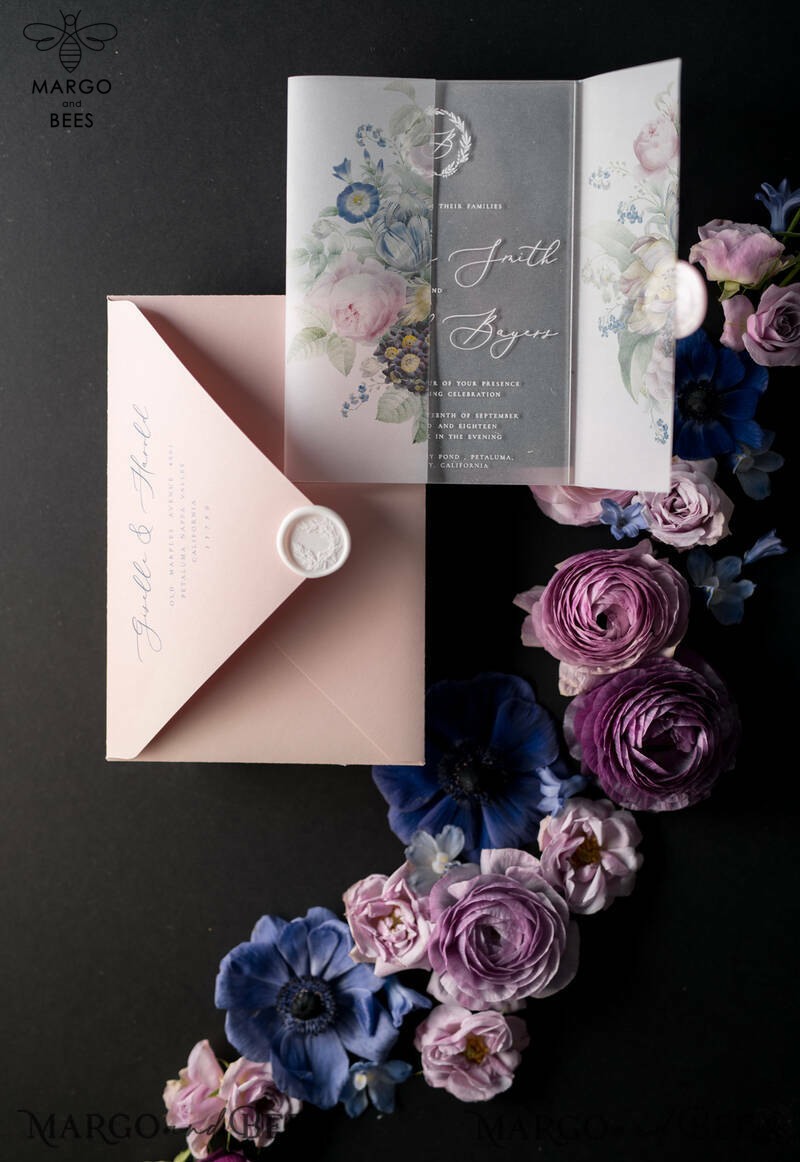 Luxury Acrylic Plexi Wedding Invitations, Romantic Blush Pink Wedding Invites With Vellum Cover, Elegant Royal Navy Wedding Cards, Bespoke Floral Wedding Invitation Suite-21