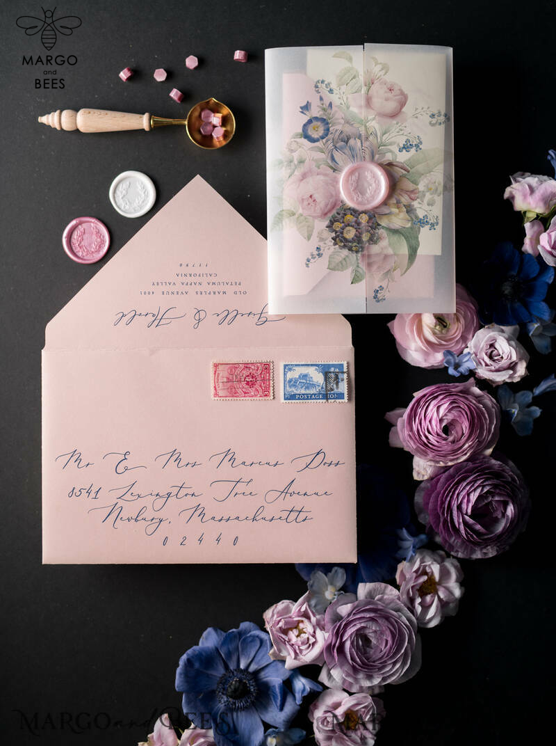 Luxury Acrylic Plexi Wedding Invitations, Romantic Blush Pink Wedding Invites With Vellum Cover, Elegant Royal Navy Wedding Cards, Bespoke Floral Wedding Invitation Suite-22