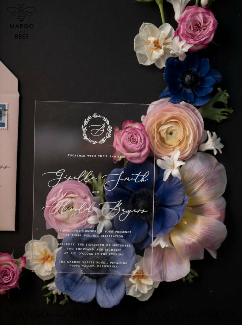 Luxury Acrylic Plexi Wedding Invitations, Romantic Blush Pink Wedding Invites With Vellum Cover, Elegant Royal Navy Wedding Cards, Bespoke Floral Wedding Invitation Suite-5