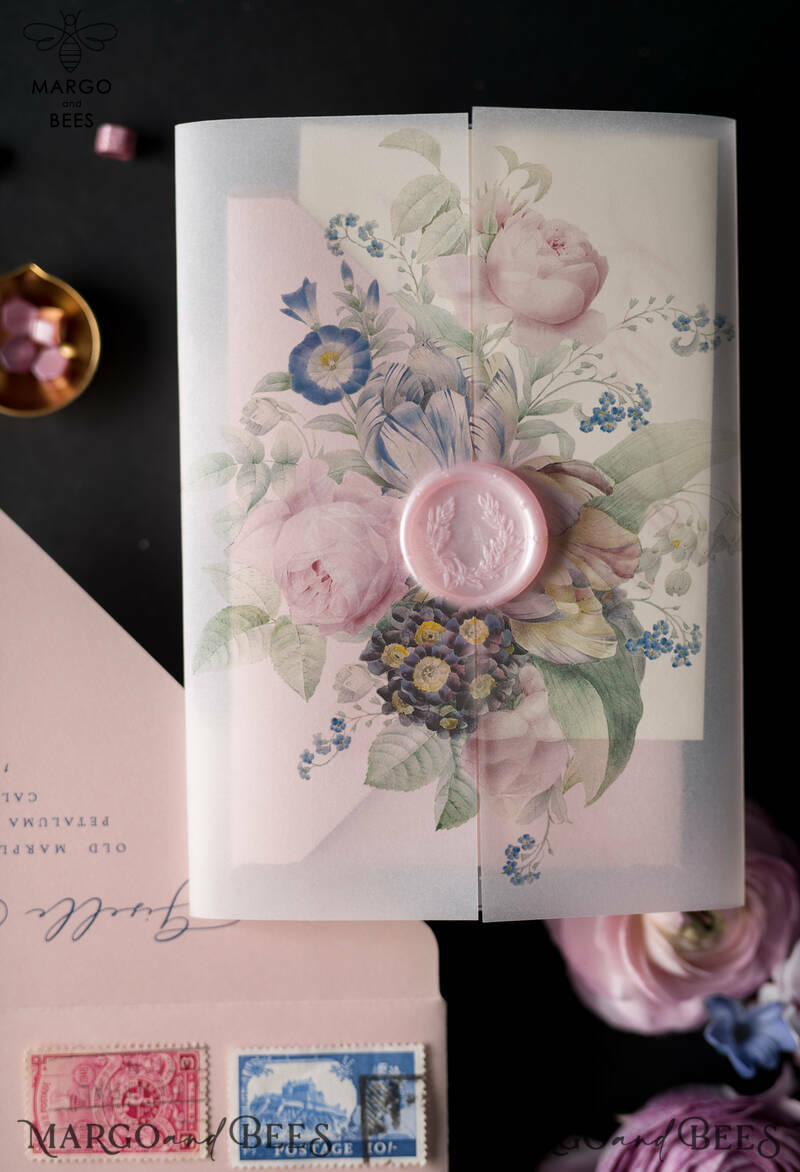 Luxury Acrylic Plexi Wedding Invitations, Romantic Blush Pink Wedding Invites With Vellum Cover, Elegant Royal Navy Wedding Cards, Bespoke Floral Wedding Invitation Suite-23
