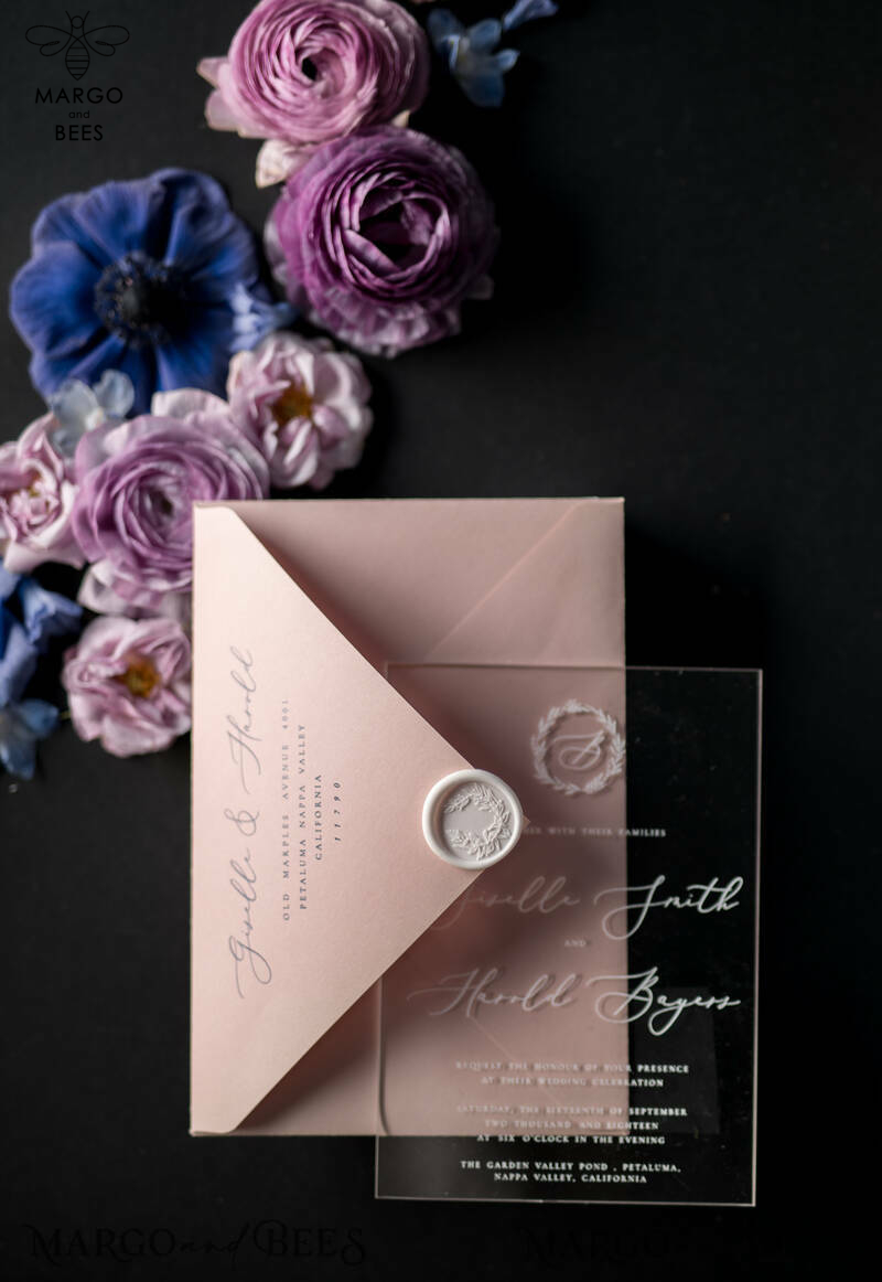 Luxury Acrylic Plexi Wedding Invitations, Romantic Blush Pink Wedding Invites With Vellum Cover, Elegant Royal Navy Wedding Cards, Bespoke Floral Wedding Invitation Suite-27