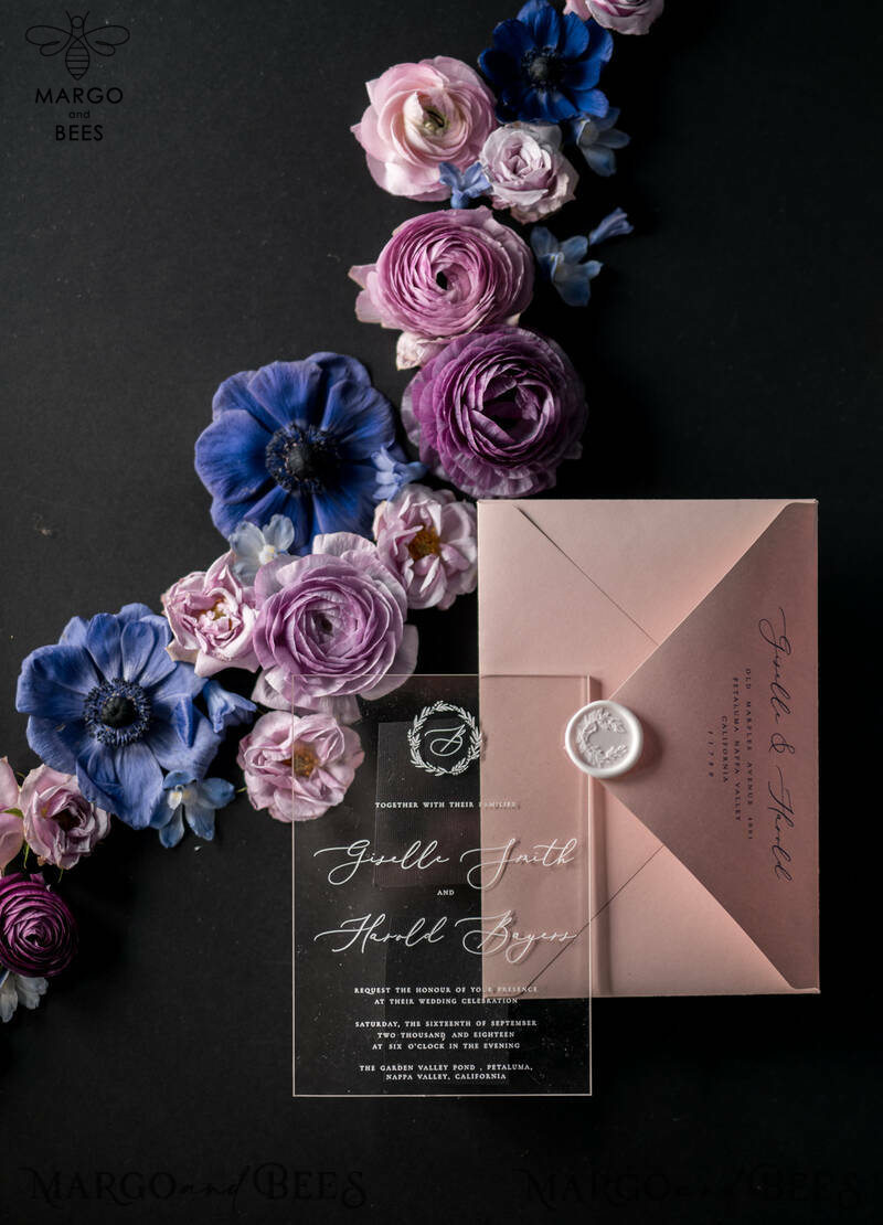 Luxury Acrylic Plexi Wedding Invitations, Romantic Blush Pink Wedding Invites With Vellum Cover, Elegant Royal Navy Wedding Cards, Bespoke Floral Wedding Invitation Suite-28