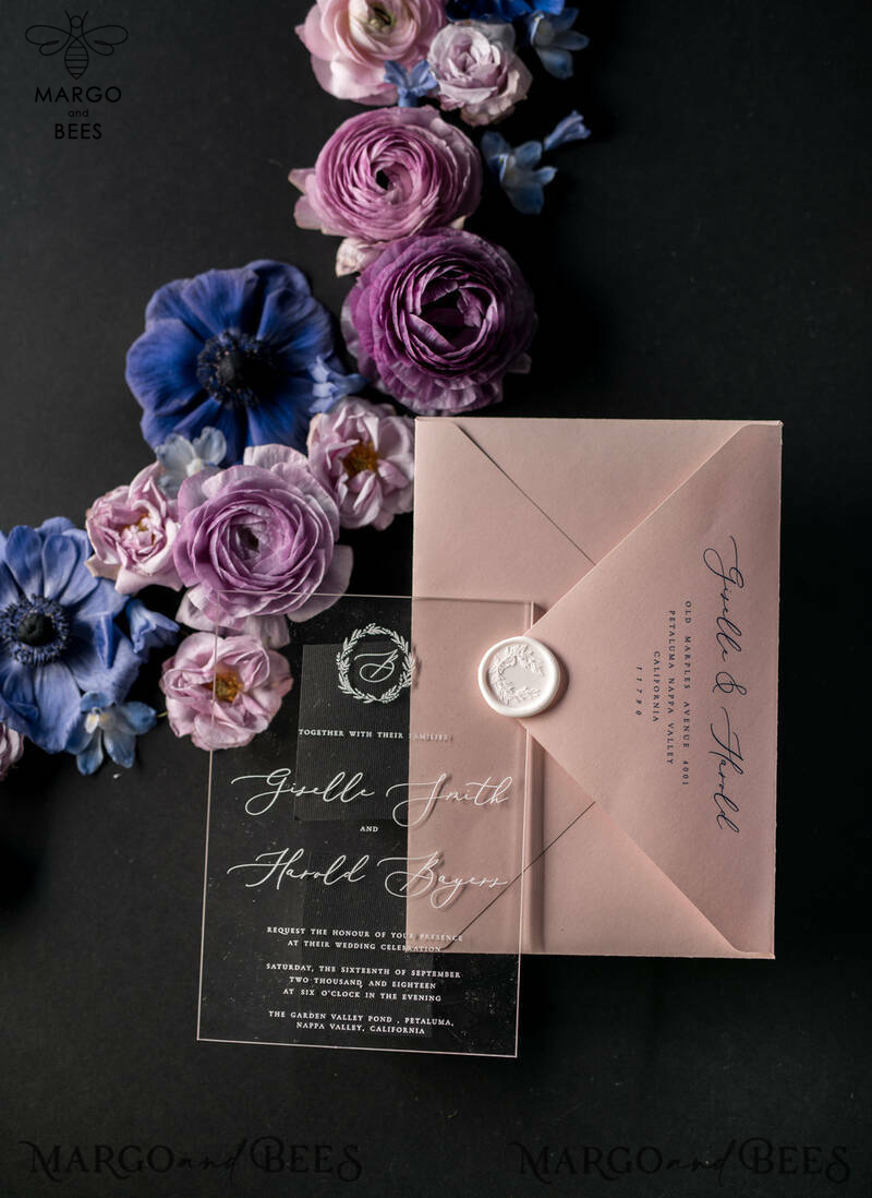 Luxury Acrylic Plexi Wedding Invitations, Romantic Blush Pink Wedding Invites With Vellum Cover, Elegant Royal Navy Wedding Cards, Bespoke Floral Wedding Invitation Suite-29