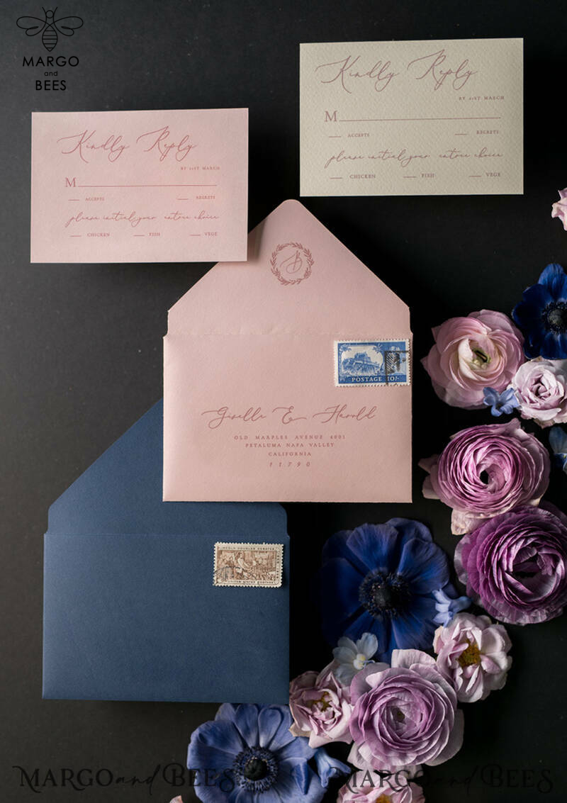 Luxury Acrylic Plexi Wedding Invitations, Romantic Blush Pink Wedding Invites With Vellum Cover, Elegant Royal Navy Wedding Cards, Bespoke Floral Wedding Invitation Suite-6