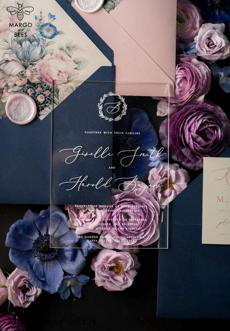 Luxury Acrylic Plexi Wedding Invitations, Romantic Blush Pink Wedding Invites With Vellum Cover, Elegant Royal Navy Wedding Cards, Bespoke Floral Wedding Invitation Suite-4