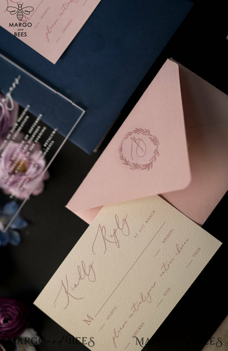Luxury Acrylic Plexi Wedding Invitations, Romantic Blush Pink Wedding Invites With Vellum Cover, Elegant Royal Navy Wedding Cards, Bespoke Floral Wedding Invitation Suite-3