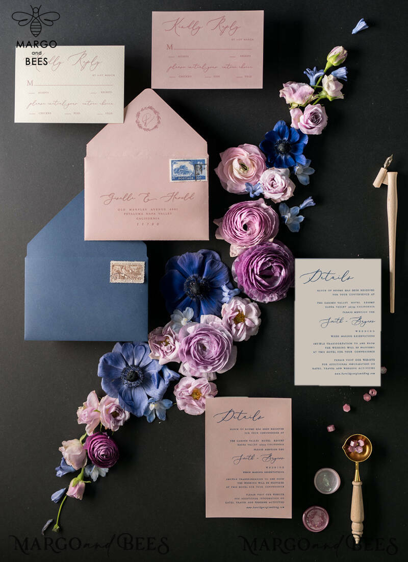 Luxury Acrylic Plexi Wedding Invitations, Romantic Blush Pink Wedding Invites With Vellum Cover, Elegant Royal Navy Wedding Cards, Bespoke Floral Wedding Invitation Suite-1