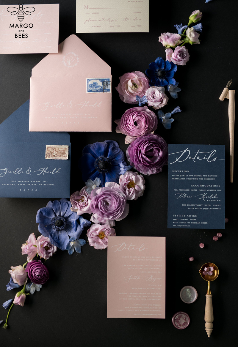 Vintage Wedding Invitations Transparent Stationery with Vellum and Wax Seal Blush Pink or Navy Blue Envelope-29