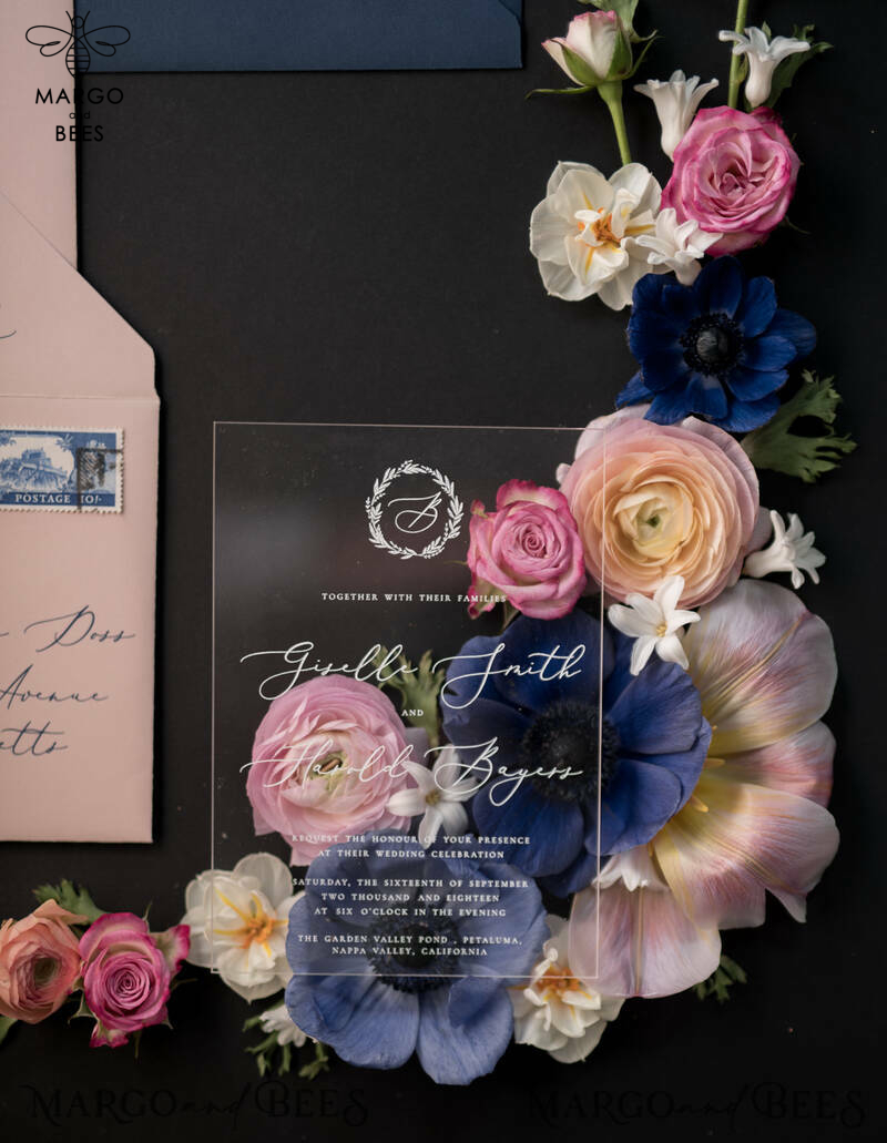 Luxury Acrylic Plexi Wedding Invitations, Romantic Blush Pink Wedding Invites With Vellum Cover, Elegant Royal Navy Wedding Cards, Bespoke Floral Wedding Invitation Suite-7