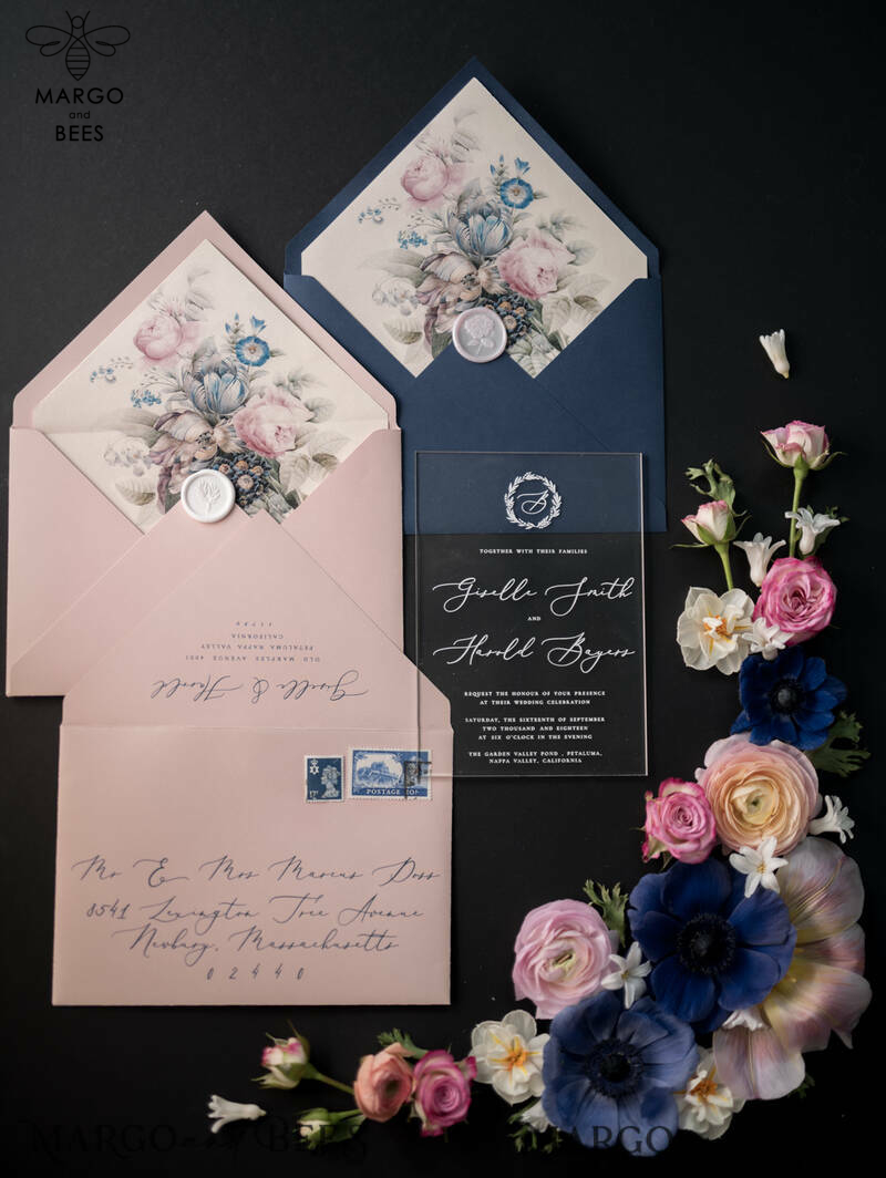 Luxury Acrylic Plexi Wedding Invitations, Romantic Blush Pink Wedding Invites With Vellum Cover, Elegant Royal Navy Wedding Cards, Bespoke Floral Wedding Invitation Suite-8