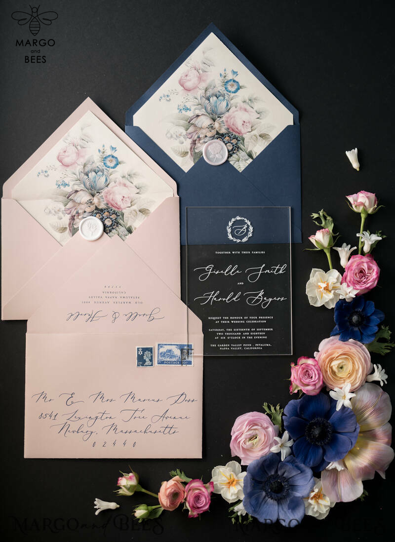 Luxury Acrylic Plexi Wedding Invitations, Romantic Blush Pink Wedding Invites With Vellum Cover, Elegant Royal Navy Wedding Cards, Bespoke Floral Wedding Invitation Suite-9