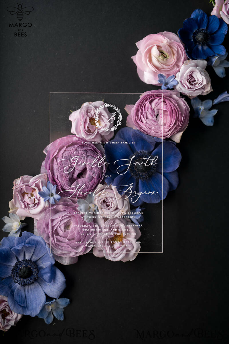 Luxury Acrylic Plexi Wedding Invitations, Romantic Blush Pink Wedding Invites With Vellum Cover, Elegant Royal Navy Wedding Cards, Bespoke Floral Wedding Invitation Suite-11