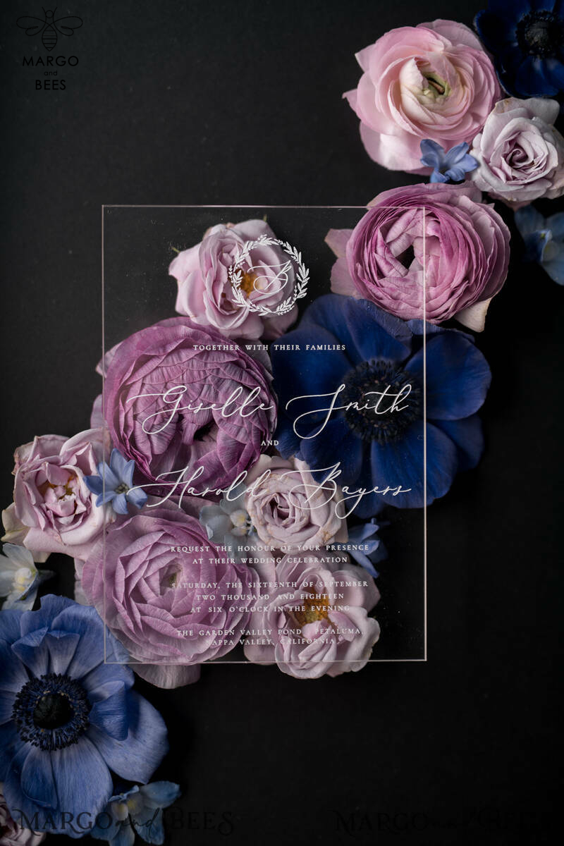 Luxury Acrylic Plexi Wedding Invitations, Romantic Blush Pink Wedding Invites With Vellum Cover, Elegant Royal Navy Wedding Cards, Bespoke Floral Wedding Invitation Suite-12