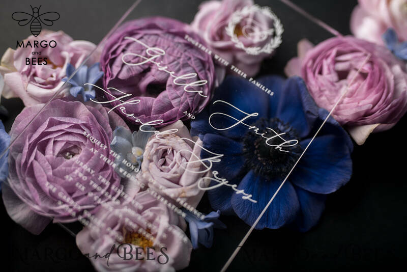 Luxury Acrylic Plexi Wedding Invitations, Romantic Blush Pink Wedding Invites With Vellum Cover, Elegant Royal Navy Wedding Cards, Bespoke Floral Wedding Invitation Suite-13