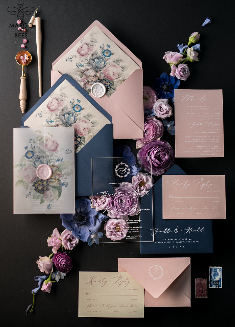 Vintage Wedding Invitations Transparent Stationery with Vellum and Wax Seal Blush Pink or Navy Blue Envelope-0