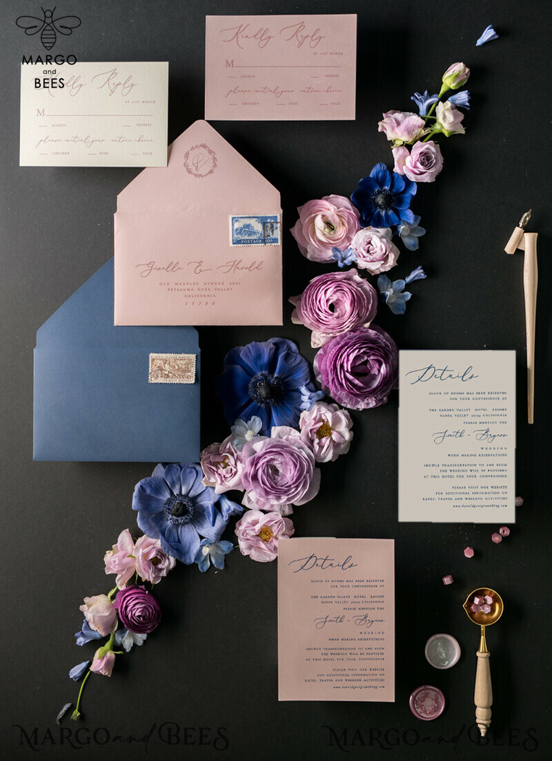 Elevate Your Wedding with Luxury Acrylic Plexi Invitations and Blush Pink Vellum Covers: Introducing Our Elegant Royal Navy Wedding Cards and Bespoke Floral Invitation Suite-1