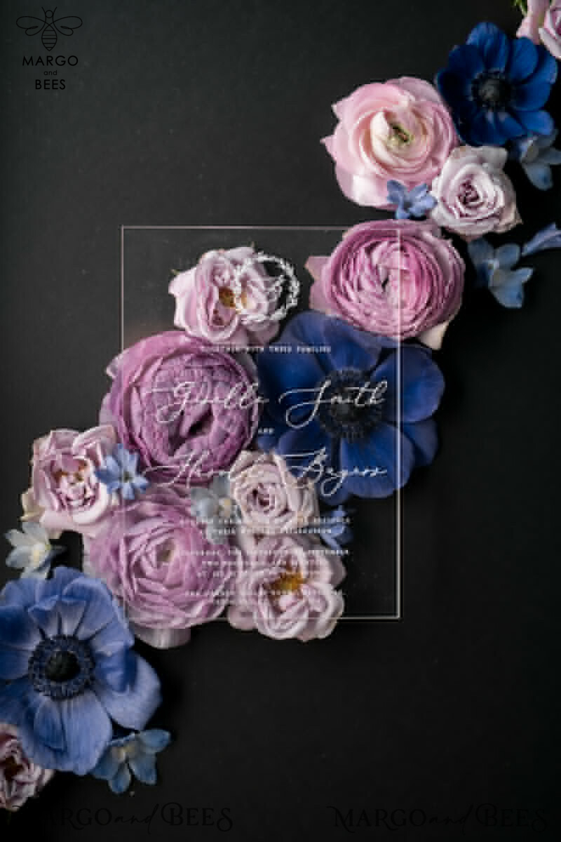 Elevate Your Wedding with Luxury Acrylic Plexi Invitations and Blush Pink Vellum Covers: Introducing Our Elegant Royal Navy Wedding Cards and Bespoke Floral Invitation Suite-11