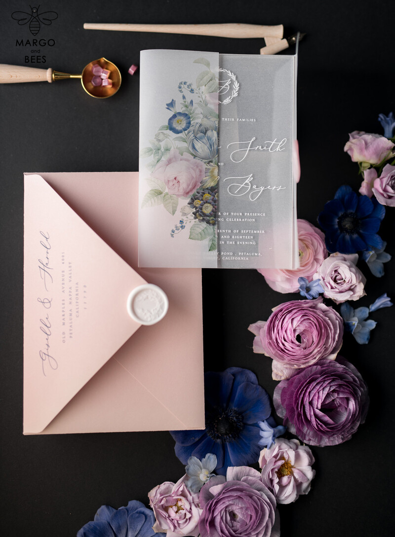 Elevate Your Wedding with Luxury Acrylic Plexi Invitations and Blush Pink Vellum Covers: Introducing Our Elegant Royal Navy Wedding Cards and Bespoke Floral Invitation Suite-20
