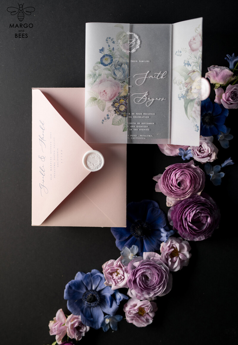 Elevate Your Wedding with Luxury Acrylic Plexi Invitations and Blush Pink Vellum Covers: Introducing Our Elegant Royal Navy Wedding Cards and Bespoke Floral Invitation Suite-21