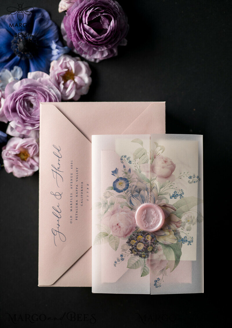 Elevate Your Wedding with Luxury Acrylic Plexi Invitations and Blush Pink Vellum Covers: Introducing Our Elegant Royal Navy Wedding Cards and Bespoke Floral Invitation Suite-26