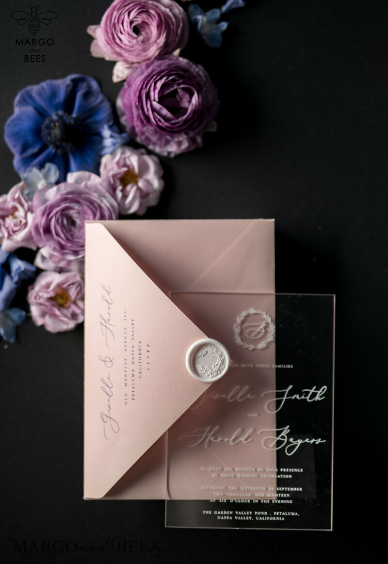 Elevate Your Wedding with Luxury Acrylic Plexi Invitations and Blush Pink Vellum Covers: Introducing Our Elegant Royal Navy Wedding Cards and Bespoke Floral Invitation Suite-27