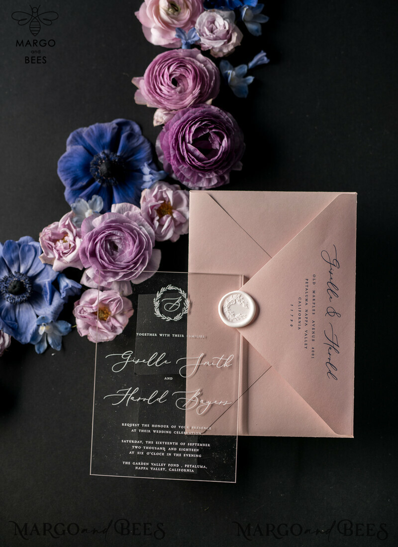 Elevate Your Wedding with Luxury Acrylic Plexi Invitations and Blush Pink Vellum Covers: Introducing Our Elegant Royal Navy Wedding Cards and Bespoke Floral Invitation Suite-29