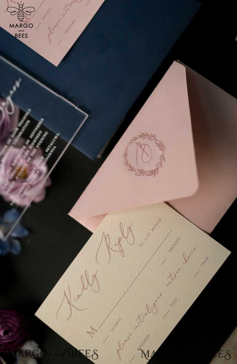 Elevate Your Wedding with Luxury Acrylic Plexi Invitations and Blush Pink Vellum Covers: Introducing Our Elegant Royal Navy Wedding Cards and Bespoke Floral Invitation Suite-3