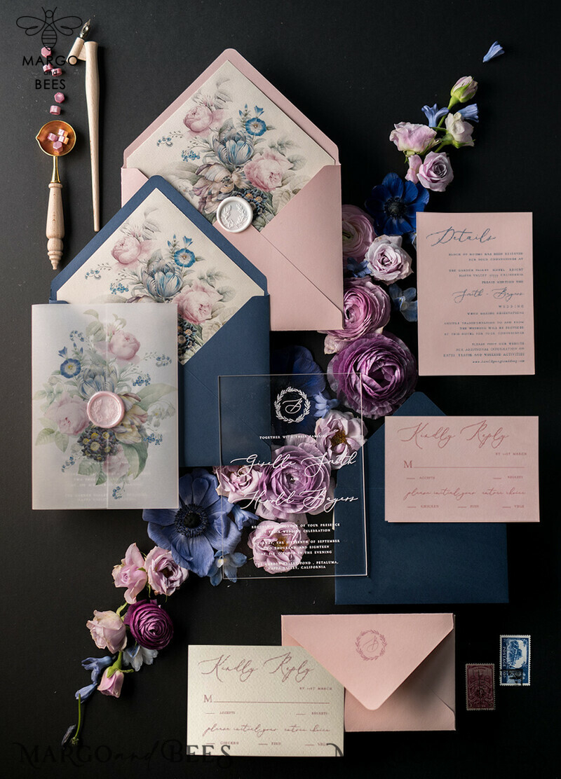 Elevate Your Wedding with Luxury Acrylic Plexi Invitations and Blush Pink Vellum Covers: Introducing Our Elegant Royal Navy Wedding Cards and Bespoke Floral Invitation Suite-0