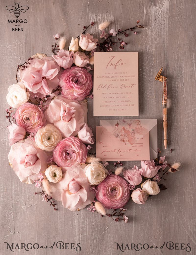  Elegant Minimalistic Wedding Invitations, Bespoke Hares Tail Wedding Invites, Romantic Blush Pink Wedding Cards, Glamour Floral Wedding Invitation Suite-5