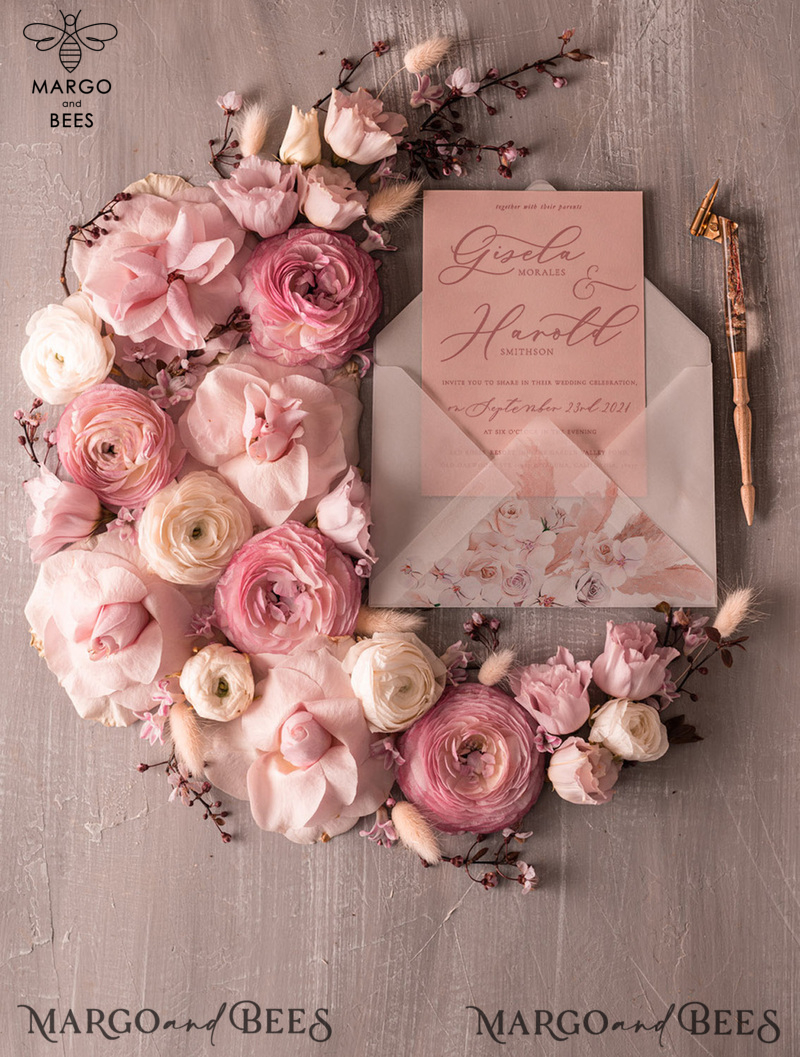  Elegant Minimalistic Wedding Invitations, Bespoke Hares Tail Wedding Invites, Romantic Blush Pink Wedding Cards, Glamour Floral Wedding Invitation Suite-9