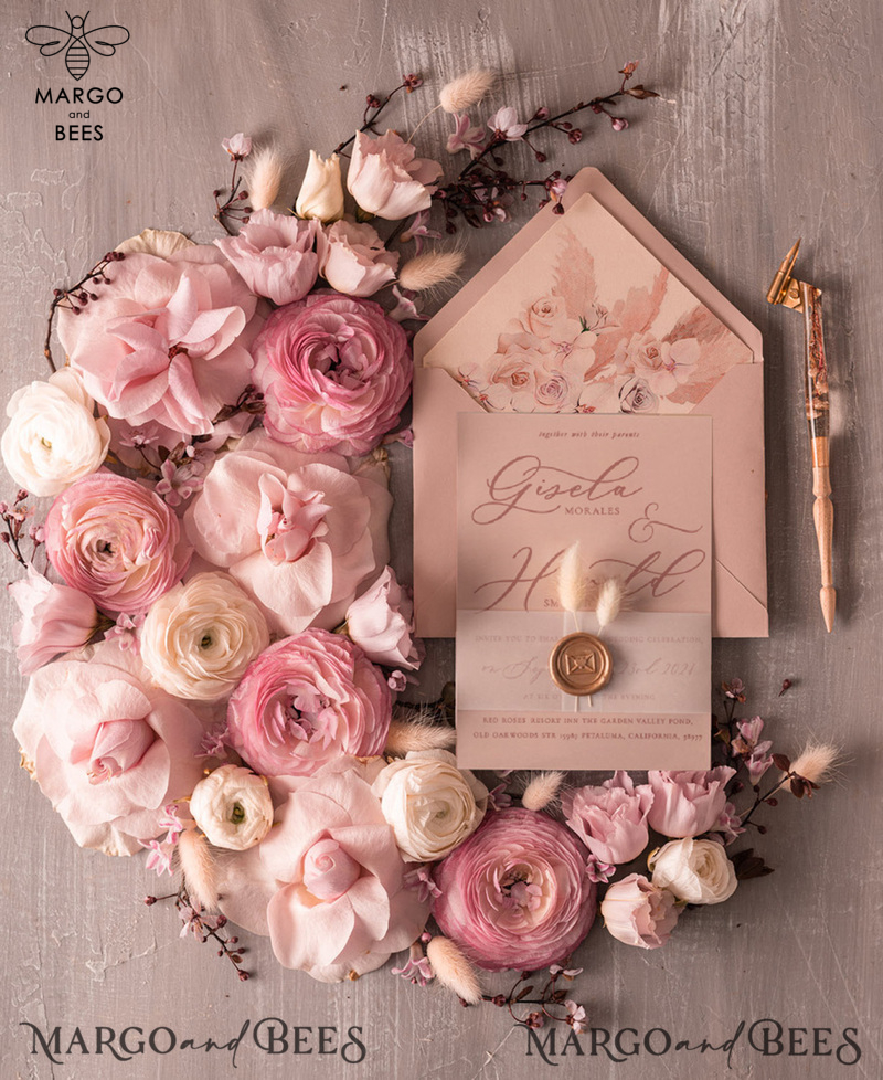  Elegant Minimalistic Wedding Invitations, Bespoke Hares Tail Wedding Invites, Romantic Blush Pink Wedding Cards, Glamour Floral Wedding Invitation Suite-11