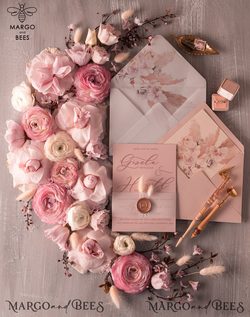  Elegant Minimalistic Wedding Invitations, Bespoke Hares Tail Wedding Invites, Romantic Blush Pink Wedding Cards, Glamour Floral Wedding Invitation Suite-1