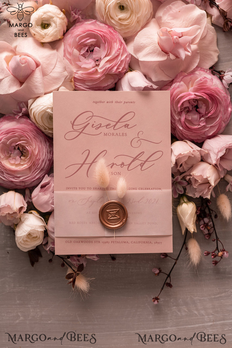  Elegant Minimalistic Wedding Invitations, Bespoke Hares Tail Wedding Invites, Romantic Blush Pink Wedding Cards, Glamour Floral Wedding Invitation Suite-3