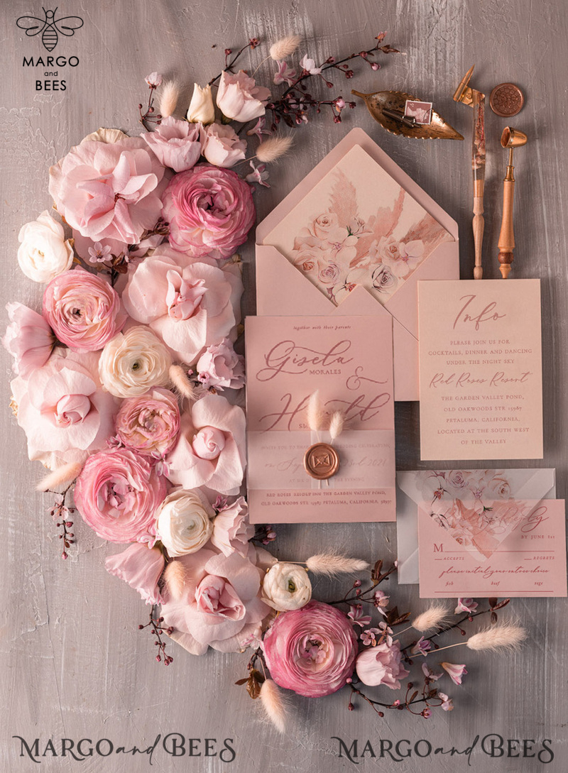  Elegant Minimalistic Wedding Invitations, Bespoke Hares Tail Wedding Invites, Romantic Blush Pink Wedding Cards, Glamour Floral Wedding Invitation Suite-0