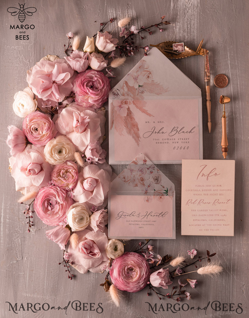  Elegant Minimalistic Wedding Invitations, Bespoke Hares Tail Wedding Invites, Romantic Blush Pink Wedding Cards, Glamour Floral Wedding Invitation Suite-7