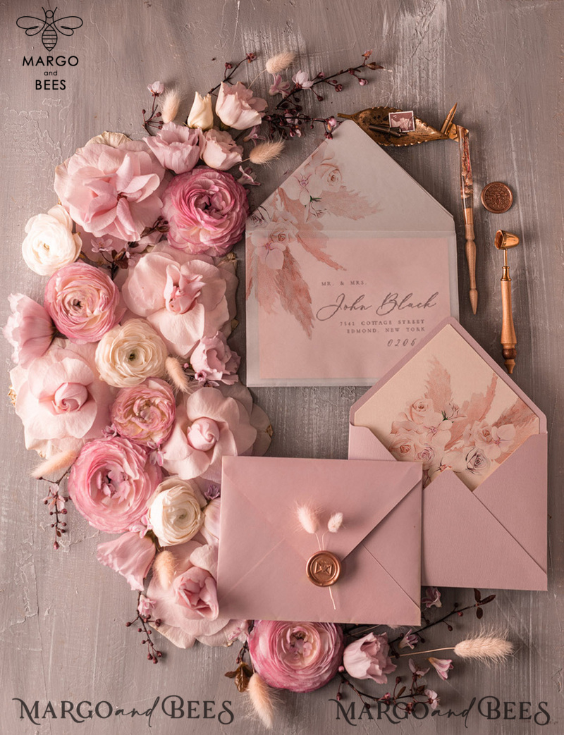  Elegant Minimalistic Wedding Invitations, Bespoke Hares Tail Wedding Invites, Romantic Blush Pink Wedding Cards, Glamour Floral Wedding Invitation Suite-4