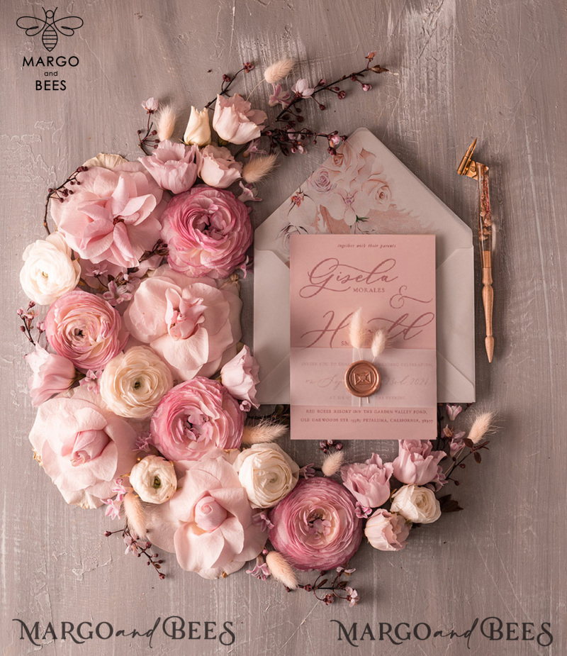  Elegant Minimalistic Wedding Invitations, Bespoke Hares Tail Wedding Invites, Romantic Blush Pink Wedding Cards, Glamour Floral Wedding Invitation Suite-8