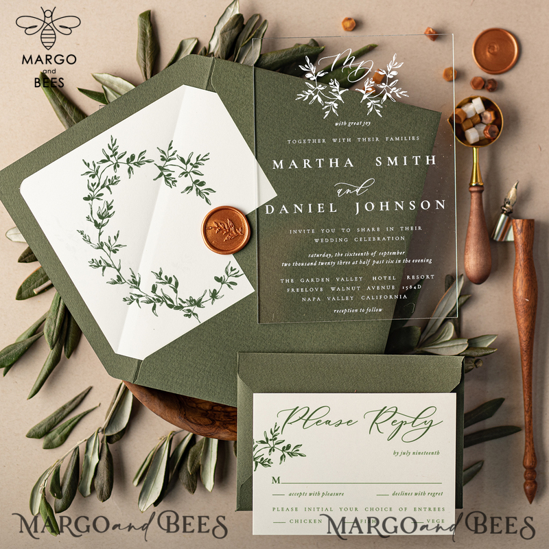Tusany Acrylic Wedding Invitations, Olive Italian Plexi Wedding Invitation Suite, Tuscan Wedding Invites -0