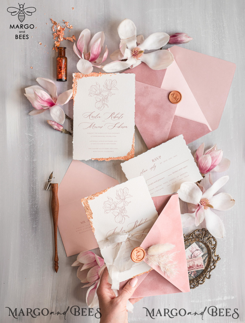 Blush Pink The wedding invitation Set, Luxury wedding invitations Velvet Envelope, Elegant Wedding Invitation Suite, Golden deckled edge paper wedding Invitess-1