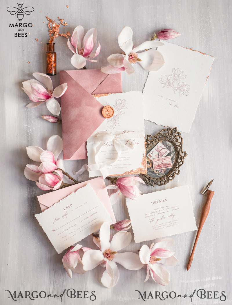 Blush Pink The wedding invitation Set, Luxury wedding invitations Velvet Envelope, Elegant Wedding Invitation Suite, Golden deckled edge paper wedding Invitess-0
