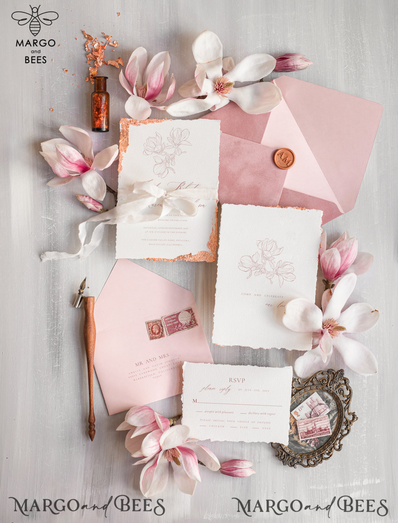 Blush Pink The wedding invitation Set, Luxury wedding invitations Velvet Envelope, Elegant Wedding Invitation Suite, Golden deckled edge paper wedding Invitess-5