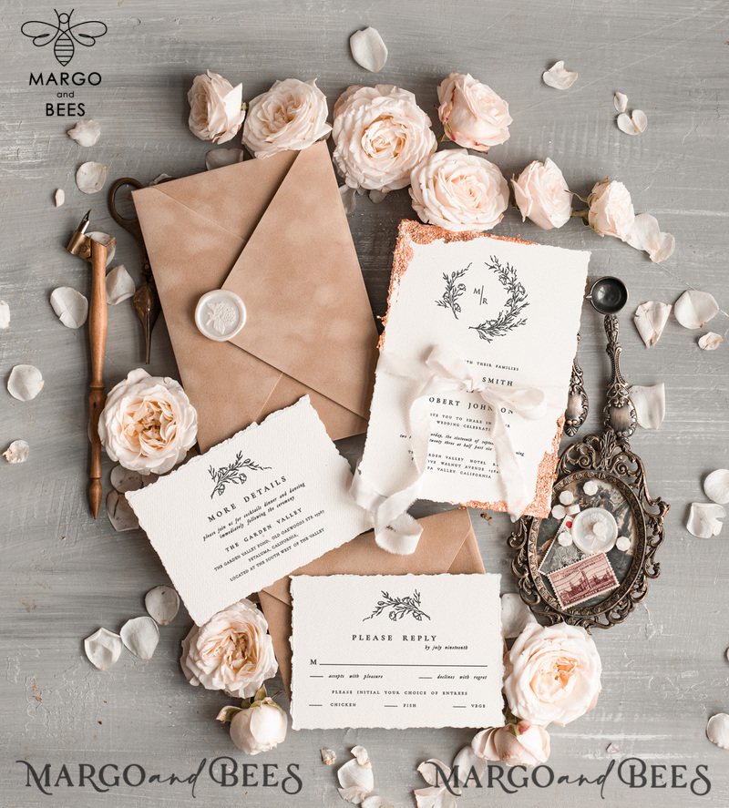 Personalised wedding invitation velvet Envelope, Elegant wedding invitations, Fine Art Wedding Invitation Suite , Golden deckled edge paper  wedding Invites-2