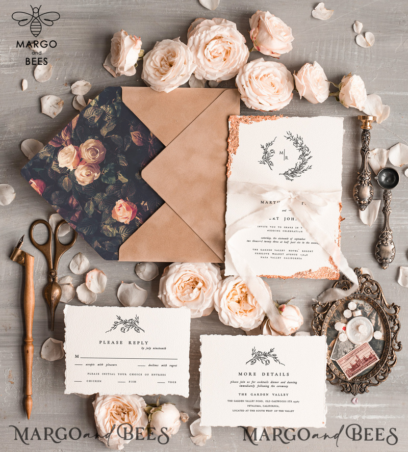 Personalised wedding invitation velvet Envelope, Elegant wedding invitations, Fine Art Wedding Invitation Suite , Golden deckled edge paper  wedding Invites-0