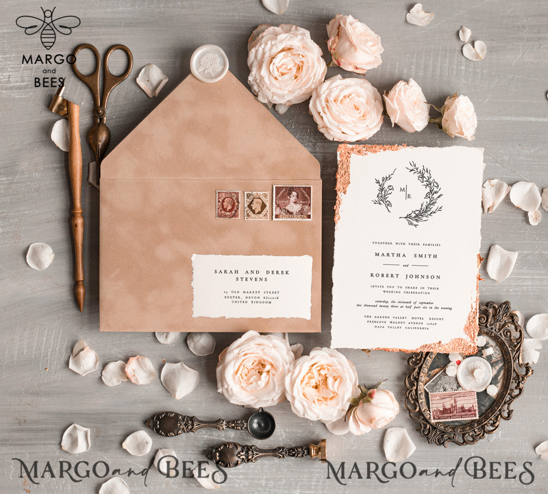 Personalised wedding invitation velvet Envelope, Elegant wedding invitations, Fine Art Wedding Invitation Suite , Golden deckled edge paper  wedding Invites-5
