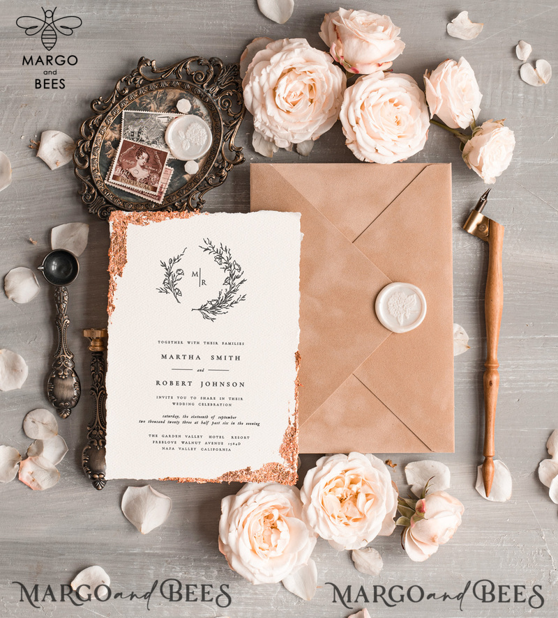 Personalised wedding invitation velvet Envelope, Elegant wedding invitations, Fine Art Wedding Invitation Suite , Golden deckled edge paper  wedding Invites-1