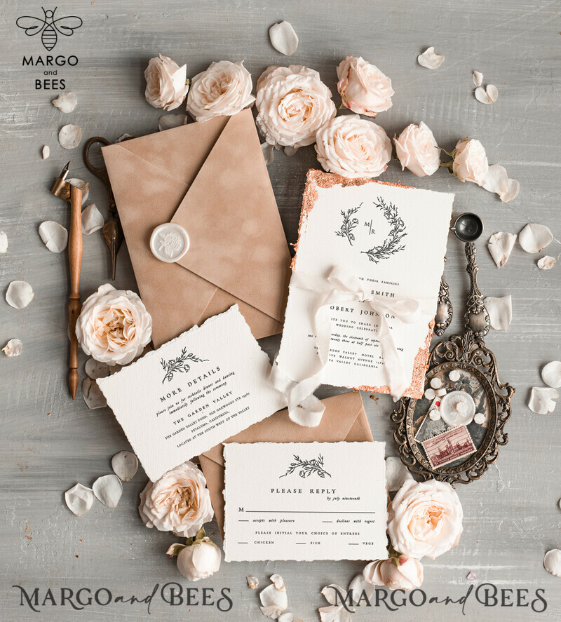 Custom Velvet Envelope: Elevate Your Wedding with Elegant and Personalised Fine Art Invitation Suite on Golden Deckled Edge Paper-2