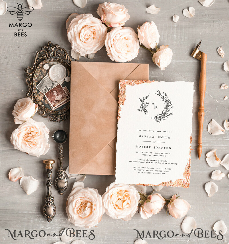 Custom Velvet Envelope: Elevate Your Wedding with Elegant and Personalised Fine Art Invitation Suite on Golden Deckled Edge Paper-5